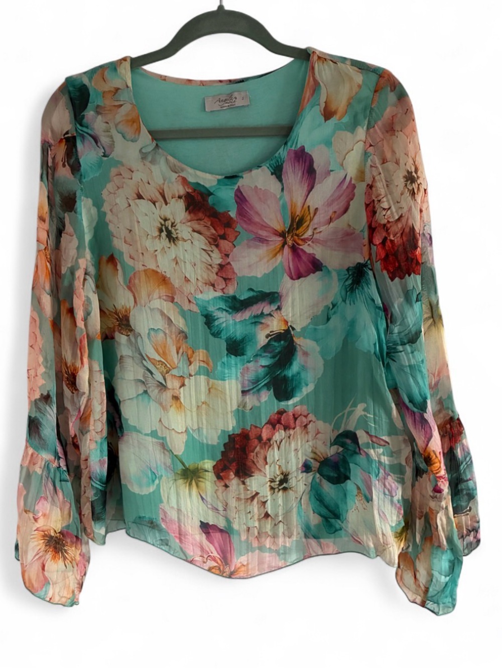 Angela Moda Italy Silk Floral Bell Sleeve Blouse Top Sz S/P 🌸✨